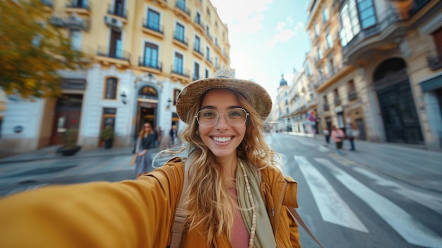Młoda kobieta robi sobie selfie na ulicy Vibrant City