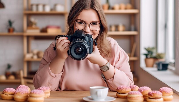 Młoda kobieta robi zdjęcia lub treści wideo dla mediów społecznościowych z profesjonalnym aparatem fotograficznym lub jedzeniem b