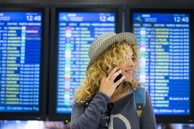 Młoda Kobieta Rozmawia Przez Telefon Komórkowy Na Lotnisku Podczas Podróży. Pasażerka W Kapeluszu, Odwracając Wzrok I Rozmawiając Przez Telefon Komórkowy Przed Cyfrowym Wyświetlaczem Na Lotnisku