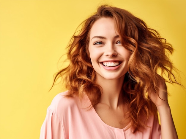 Młoda kobieta różowy uśmiech żółty modelka włosy wyglądające portret modne piękno Generacyjna sztuczna inteligencja
