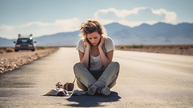 Zdjęcie młoda kobieta sama na pustynnej autostradzie zmagająca się ze zmartwieniem i troską o zmianę pękniętej opony