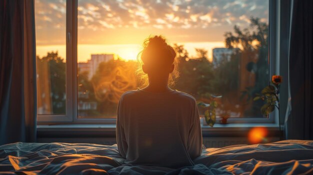 Młoda kobieta siedząca na łóżku i patrząca przez okno na zachód słońca