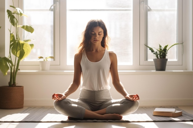 Młoda kobieta siedząca na podłodze w domu ćwiczy jogę siedzi w pozycji medytującej Generatywna sztuczna inteligencja