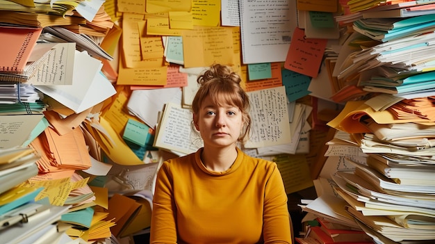 Młoda kobieta siedząca przy biurku pełnym dokumentów.