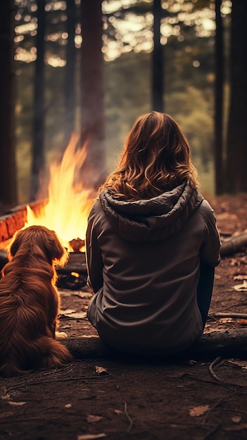 Młoda kobieta siedząca przy ognisku z psem w lesie