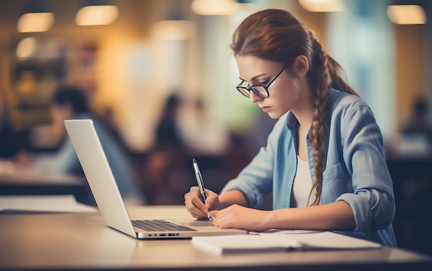 Młoda kobieta siedzi na laptopie stacjonarnym