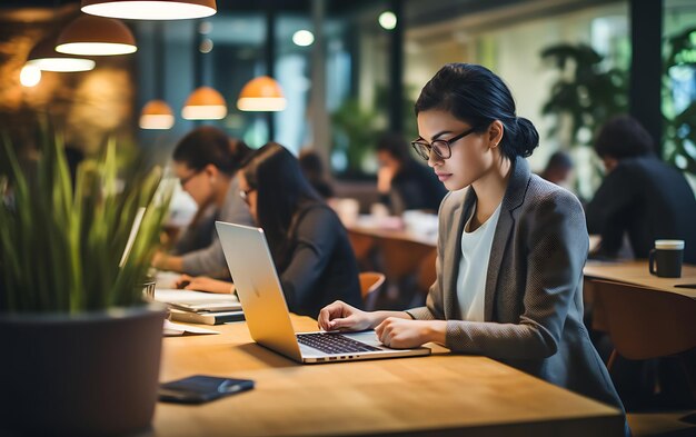 Młoda kobieta siedzi na laptopie stacjonarnym