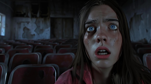 Zdjęcie młoda kobieta siedzi sama w opuszczonym kinie, płacze i wygląda na przerażoną.