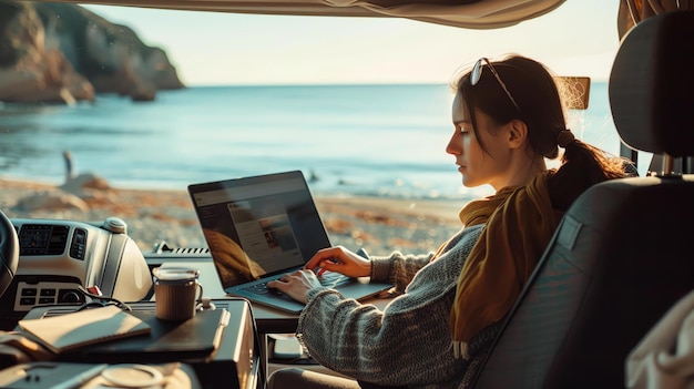 Zdjęcie młoda kobieta siedzi w furgonetce i pracuje na swoim laptopie, patrzy na morze, słońce świeci, ma na sobie ciepły sweter i szalik.