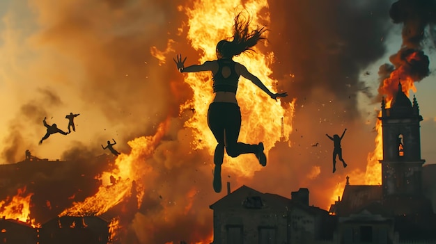 Zdjęcie młoda kobieta skacze przez płonący budynek, ma na sobie czarny stanik sportowy i czarne leggingi, jej długie włosy płyną za nią.