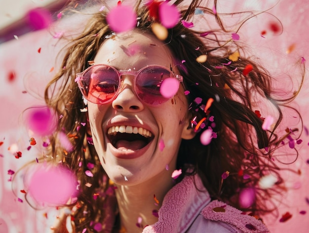 młoda kobieta śmieje się, rzucając konfetti w okularach przeciwsłonecznych