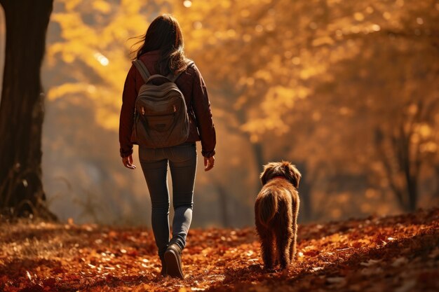 młoda kobieta spaceru z psem w parku w jesienny dzień świeci słońce AI Generated