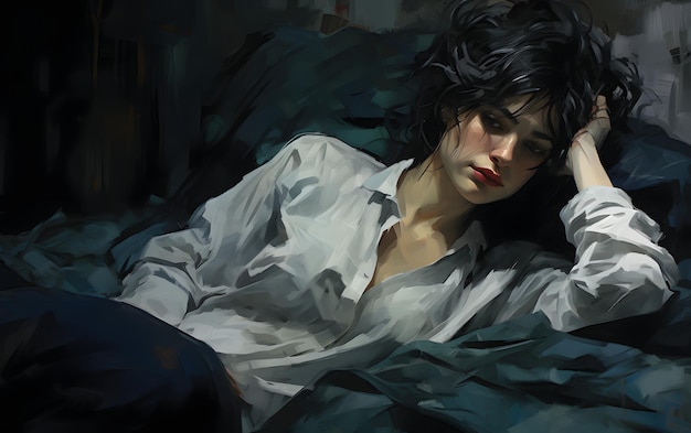 Młoda kobieta śpiąca na swoim łóżku, obraz cyfrowy.
