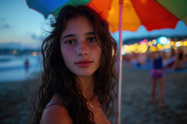 Młoda kobieta stoi pod koronkowym parasolem, a jej twarz jest oświetlona zachodzącym słońcem na spokojnym tle oceanu