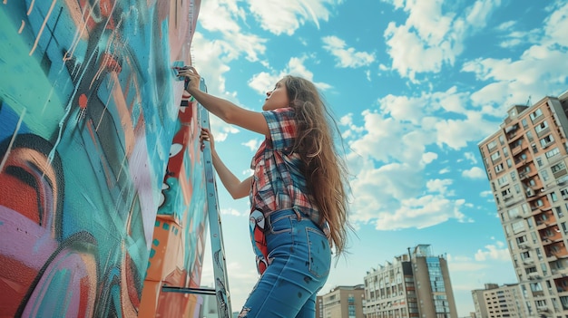 Zdjęcie młoda kobieta stojąca na drabinie i malująca graffiti na ścianie