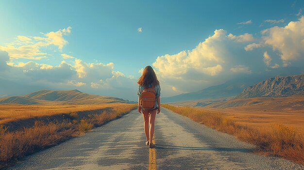 Zdjęcie młoda kobieta stojąca na drodze i patrząca na drogę generatywna sztuka