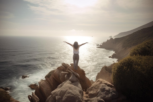 Młoda kobieta stojąca na krawędzi nadmorskiego klifu skalnego z rozpostartymi ramionami symbolizującymi wolność Generacyjna sztuczna inteligencja