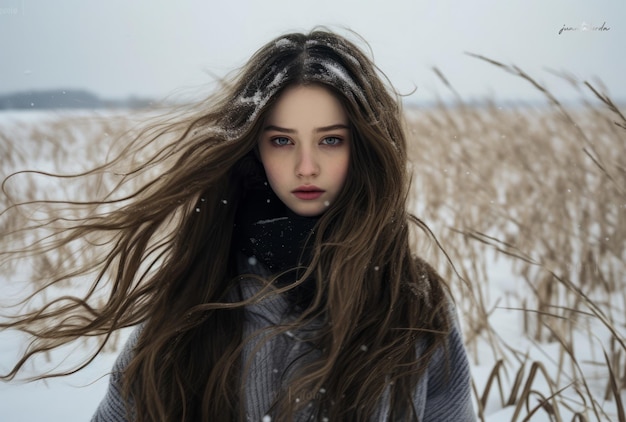 Młoda kobieta stojąca na polach na zimowej scenie