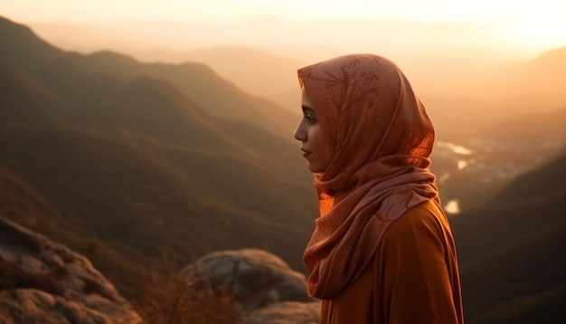 Młoda kobieta stojąca patrząca na szczyt górski wygenerowana przez sztuczną inteligencję