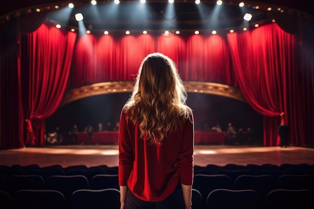 Młoda kobieta stojąca przed sceną w teatrze Z tyłu widok dziewczyny w czerwonej sukience na tle sali koncertowej wygenerowanej przez Ai
