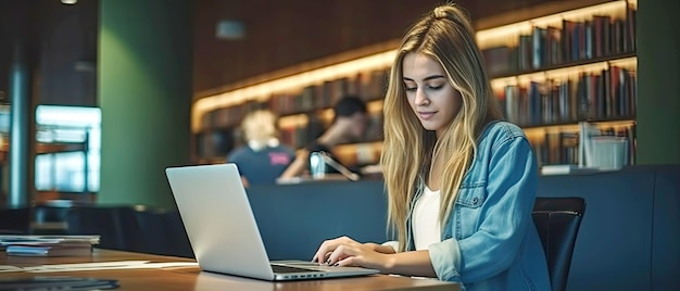 Młoda kobieta studiuje w bibliotece szkolnej