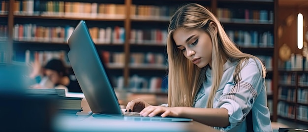 Młoda kobieta studiuje w bibliotece szkolnej