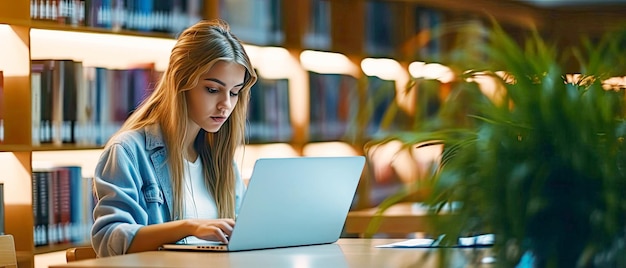 Młoda kobieta studiuje w bibliotece szkolnej