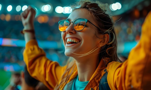 Młoda kobieta świętująca bramkę na zatłoczonym stadionie