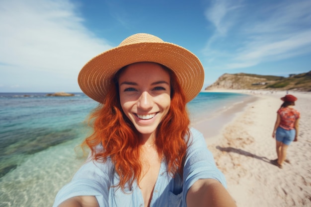 młoda kobieta, szczęśliwy wyraz wakacji i koncepcji plaży wygenerowany ai