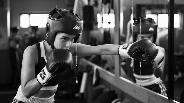 Zdjęcie młoda kobieta trenuje boks w siłowni.