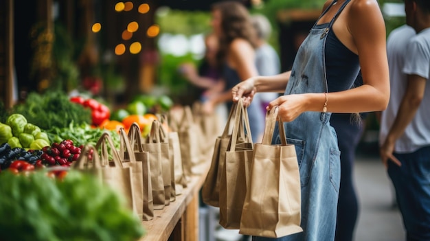 Zdjęcie młoda kobieta trzyma ecobag, kupując warzywa i zioła na targu rolniczym