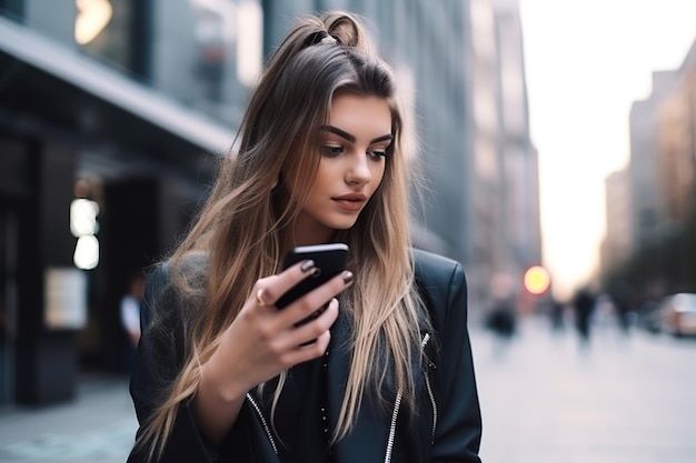 Młoda kobieta trzyma smartfona, dorosła dziewczyna używa telefonu komórkowego w generatywnej sztucznej inteligencji miasta