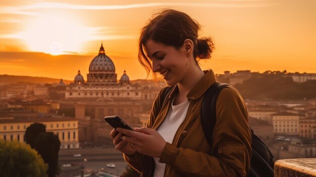 Młoda kobieta trzyma telefon przed pejzażem Rzymu