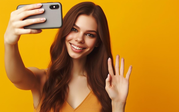 Młoda kobieta trzymająca smartfon selfie siebie duży uśmiech zabawne żółte tło