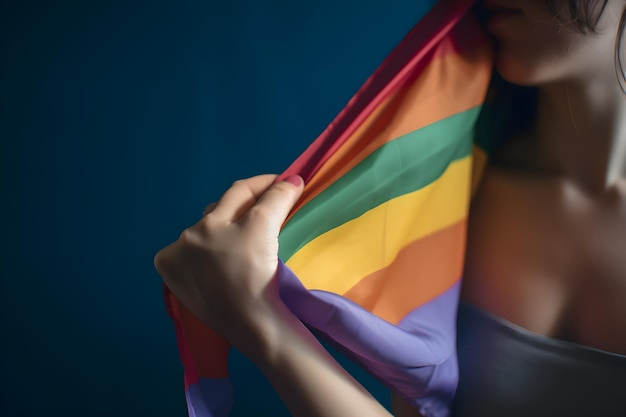 Młoda kobieta trzymająca tęczową flagę LGBT