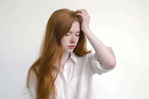 Młoda kobieta trzymająca włosy na białym tle utworzonym za pomocą generatywnej sztucznej inteligencji