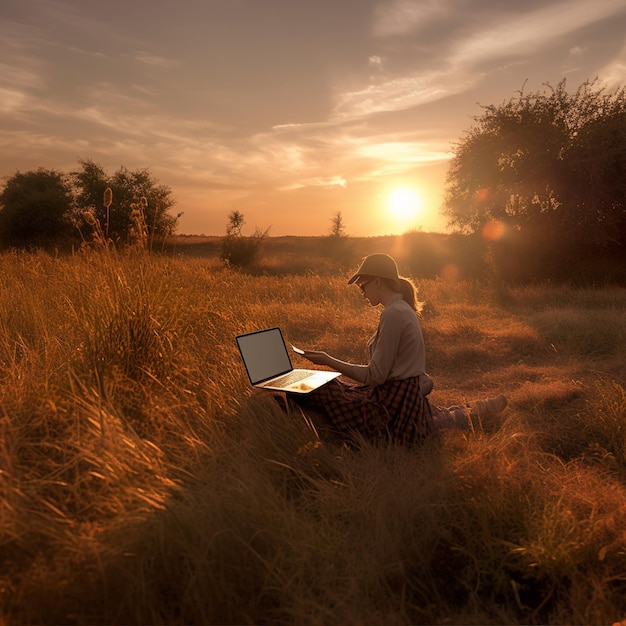 Młoda kobieta typu w czasie zachodu słońca laptopa