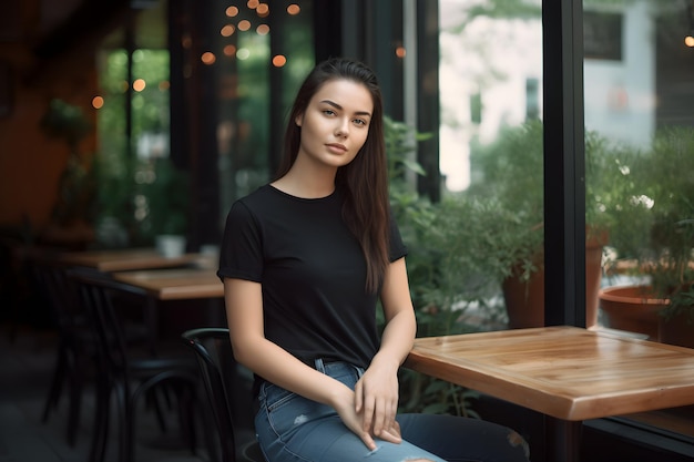 Młoda kobieta ubrana w czarną koszulkę i dżinsy z płótna bella w przytulnej restauracji w letni dzień Zaprojektuj szablon tshirt wydrukuj makietę prezentacji Ai wygenerowane