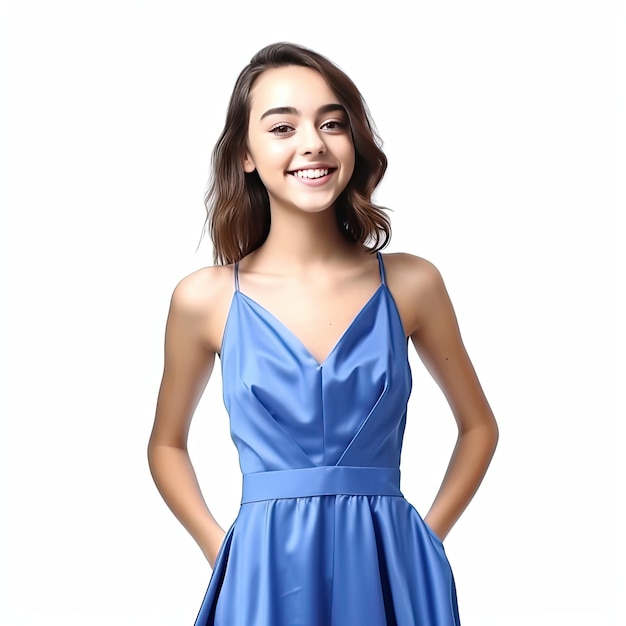 Młoda kobieta ubrana w niebieską sukienkę z napisem miłość
