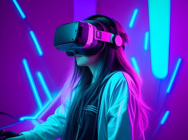 Młoda kobieta ubrana w zestaw słuchawkowy wirtualnej rzeczywistości w neonowym tle