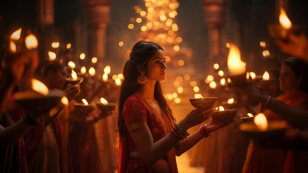 Młoda kobieta umieszcza diya na tarasie z okazji Happy Diwali, zapalając lampę naftową na kolorowych rangoli podczas obchodów Diwali Hinduski festiwal świateł