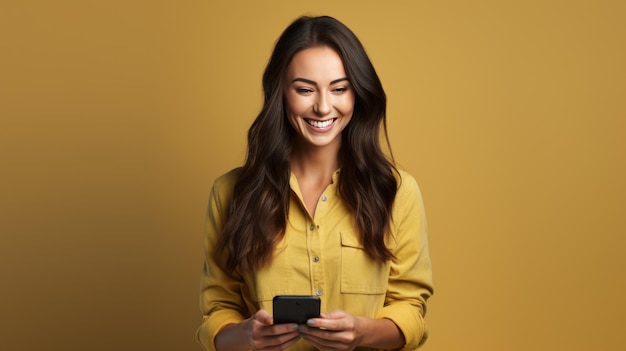 Młoda kobieta uśmiecha się i trzyma smartfon na kolorowym tle