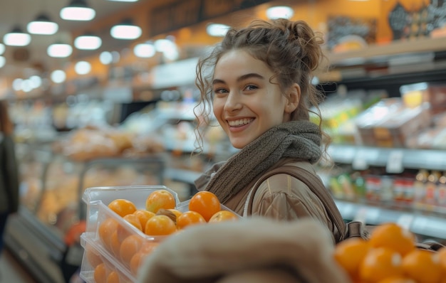 Młoda kobieta uśmiecha się niosąc artykuły spożywcze sklep spożywczy amerykańskie rynki uliczne obraz