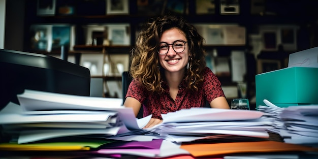 Młoda kobieta uśmiecha się pośród bałaganu papierów na biurku, chaosu w środowisku pracy, w biurze, AI