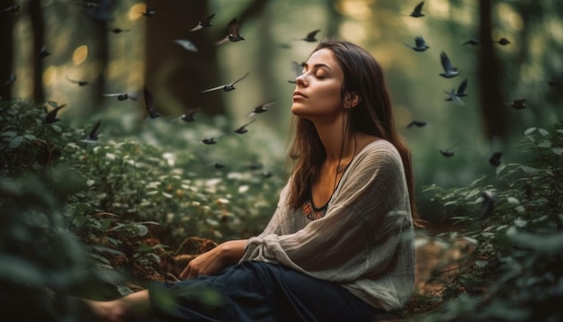 Młoda kobieta uśmiecha się siedząc w jesiennym lesie generowanym przez AI