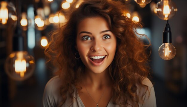 Młoda kobieta uśmiechająca się do kamery cieszy się świecącym wnętrzem domu wygenerowanym przez sztuczną inteligencję