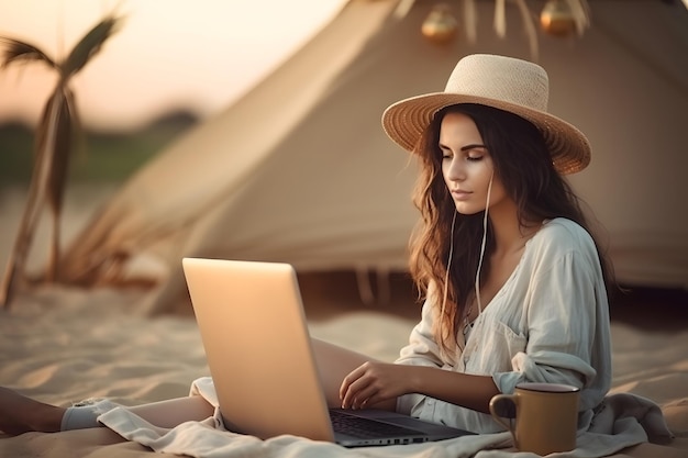 Młoda kobieta używająca laptopa na plaży freelancerka pracująca zdalnie Freelance praca online