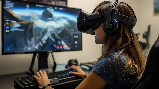 Zdjęcie młoda kobieta używająca słuchawek z wirtualną rzeczywistością i słuchawek podczas gry na komputerze