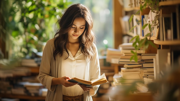 Młoda kobieta w bibliotece czyta książkę w słońcu.