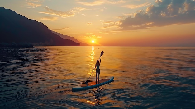 Zdjęcie młoda kobieta w bikini paddleboarding przy zachodzie słońca w spokojnym morzu z górą w tle